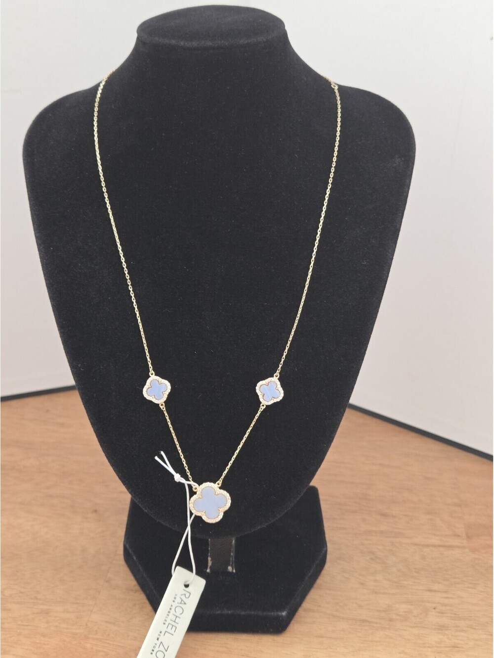 Rachel Zoe Long Periwinkle Blue Clover Necklace Sterling Silver Gold Tone NWT